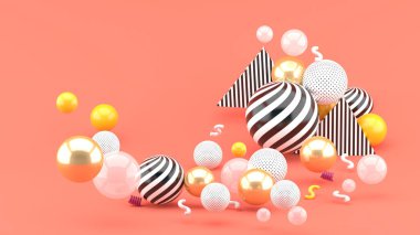 Pembe arka planda yüzen altın ve renkli balon 3D.