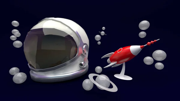 Astronaut Helmet and rocket /3d rendering.