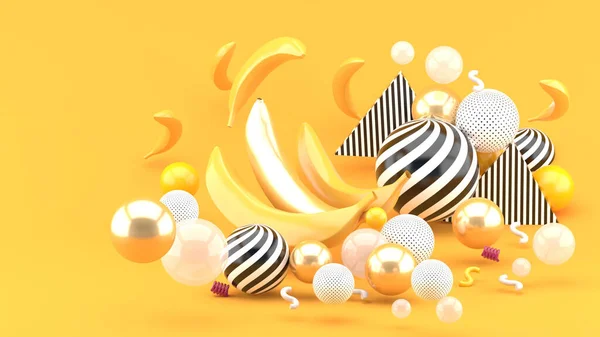 Gold and yellow bananas amid yellow balls on yellow background.-3d render.
