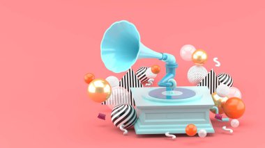 Pembe arkaplandaki renkli topların arasında mavi gramofon. - 3D görüntüleme.