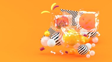 Turuncu arka planda renkli toplar arasında buzdaki meyveler. -3D renkte.