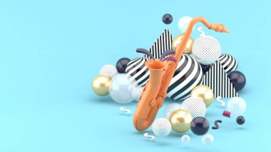 Mavi arka planda altın toplarla çevrili turuncu bir saksafon..