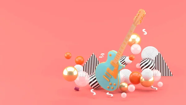 Синя Гітара Серед Барвистих Кульок Рожевому Фоні Візуалізація — стокове фото