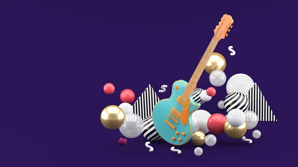 Blue guitar among colorful balls on a purple background. - 3d render.