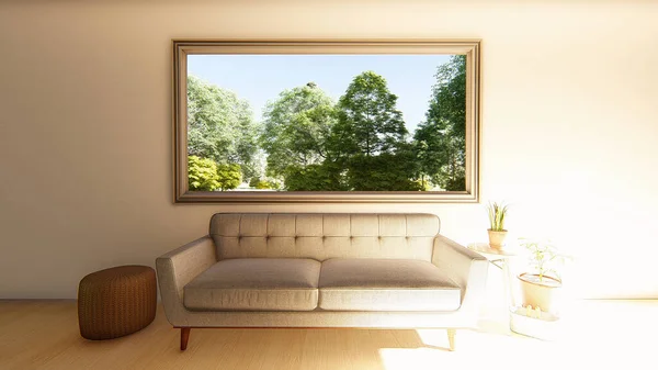 comfortable living room and green landscape in window.-3d rendering.