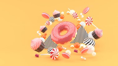Donut, Cupcakes, Macaron, Candy turuncu arka planda renkli topların arasında yüzüyor..