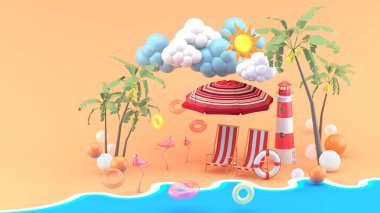 Kumsaldaki şemsiyenin altındaki kumsalda güneş ışığı altında iskemleler. - 3D görüntüleme.