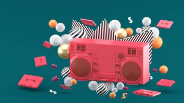 Kırmızı radyo yeşil arkaplandaki renkli topların arasında. -3D görüntüleme.