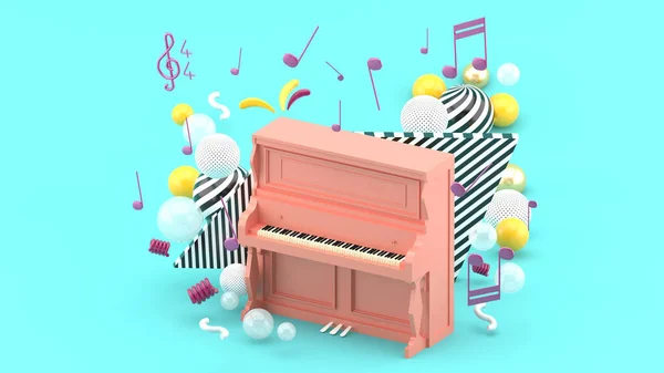 Розовое Пианино Окружено Нотами Разноцветными Шариками Синем Фоне — стоковое фото