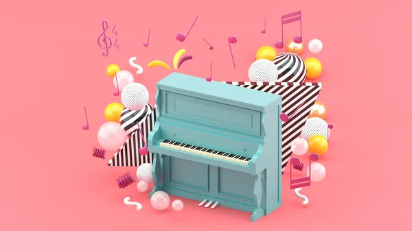 The blue piano is surrounded by notes and colorful balls on the pink background.-3d render