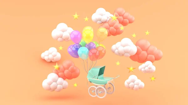 Green Stroller and floating balloons surrounded by clouds and stars on an orange background.-3d render