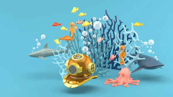 Masked diving under the blue coral, colorful fish, shark, seahorses and octopus on the blue background.-3d render