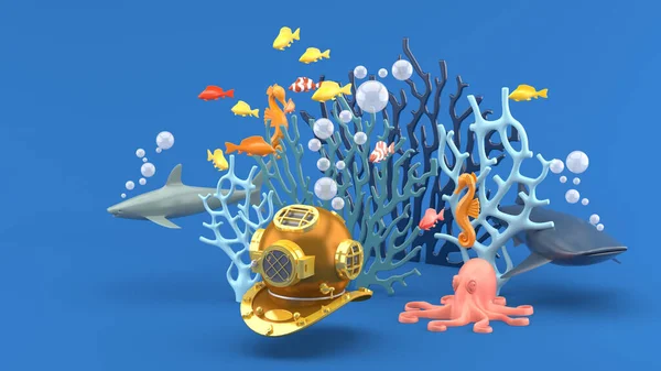 Maszkos Búvárkodás Kék Korall Színes Hal Cápa Csikóhalak Polip Kék — Stock Fotó