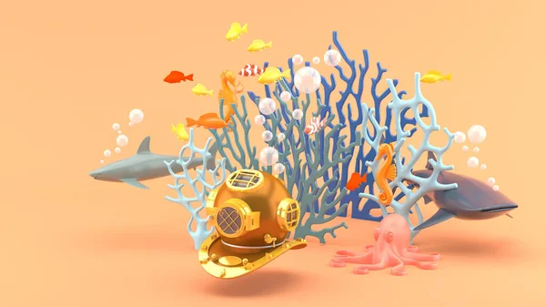 Masked diving under the blue coral, colorful fish, shark, seahorses and octopus on the orange background.-3d render