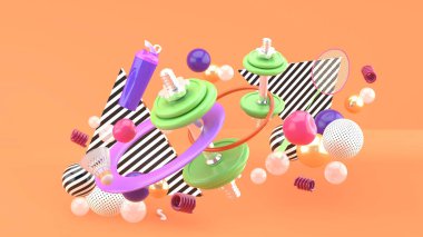 Dambıllar, badminton raketleri, su şişeleri ve turuncu bir arka planda renkli toplar arasında hula hoop..