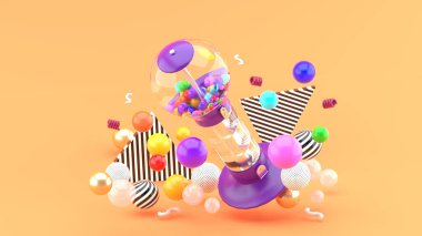 Turuncu bir arka planda renkli topların arasında sakız topu makinesi..