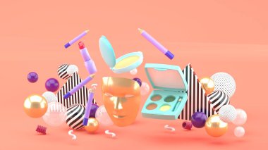 Altın maskeler ve yüzen kozmetikler pembe arkaplandaki renkli toplar arasında..