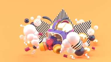 Gaz maskeleri dumanla çevrili ve turuncu bir arka planda renkli toplar..