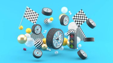 Bayraklar, trafik ışıkları ve mavi arkaplandaki renkli toplar arasında tekerlek yüzüyor..