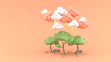Pembe arka plandaki büyük bir ağaca yağmur yağıyor. -3D render.