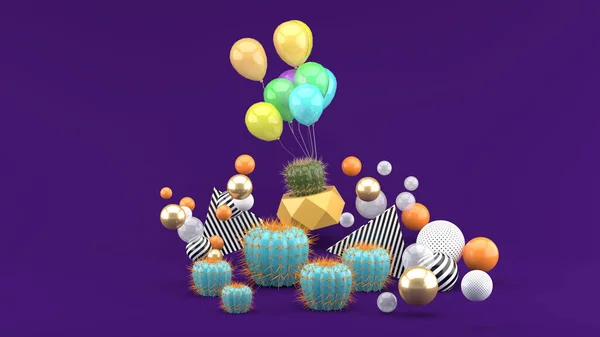 Kaktus Och Ballonger Bland Färgglada Bollar Lila Bakgrund Rendering — Stockfoto
