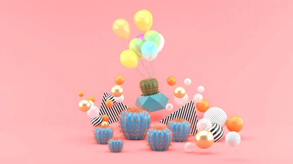 Cacto Balões Entre Bolas Coloridas Fundo Rosa Renderização — Fotografia de Stock