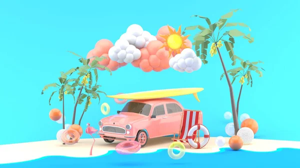 海に囲まれたカラフルなボールに囲まれた車やサーフボード — ストック写真