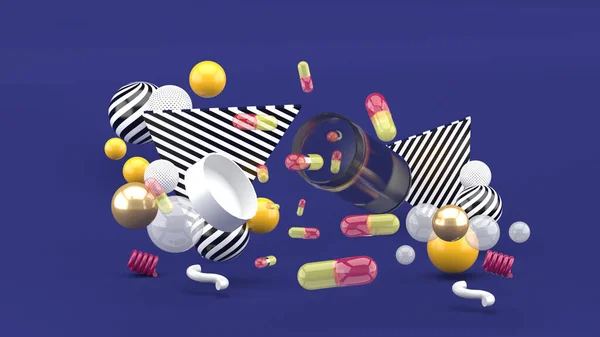 药瓶在紫色背景上被彩球环绕 3D渲染 — 图库照片