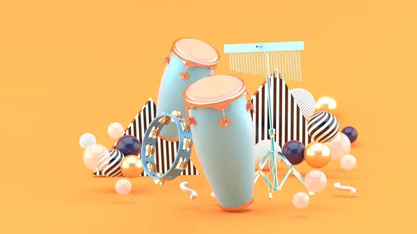 Percusión Bolas Colores Sobre Fondo Anaranjado Renderizado — Foto de Stock