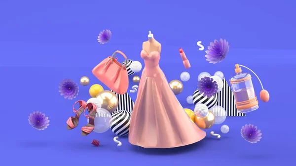 Evening dresses, bags, shoes and cosmetics floating among the flowers on a purple background.-3d rendering.