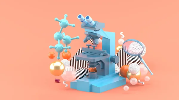 粉色背景上彩色球的蓝色显微镜 3D渲染 — 图库照片