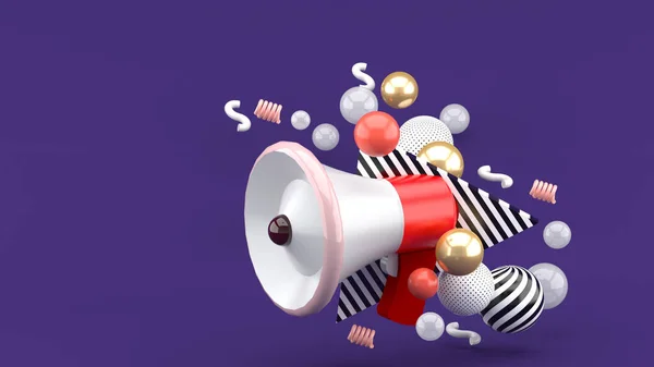 Red Megaphone Colorful Balls Purple Background Rendering — Stock Photo, Image