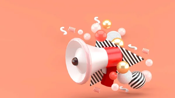 Red Megaphone Colorful Balls Pink Background Rendering — Stok Foto