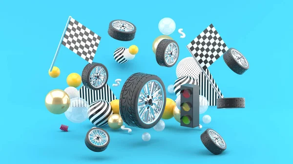Wheel Floats Amidst Flags Traffic Lights Colorful Balls Blue Background — Stok Foto
