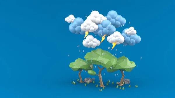 Regen Fällt Auf Einen Großen Baum Auf Blauem Grund — Stockfoto
