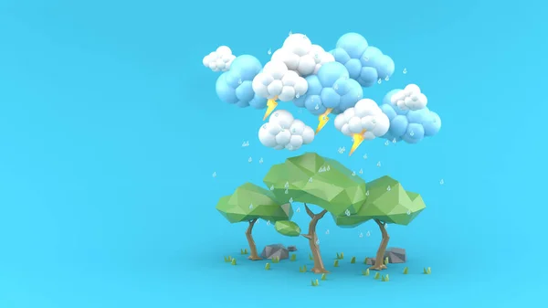Дождь Падает Большое Дерево Синем Фоне — стоковое фото