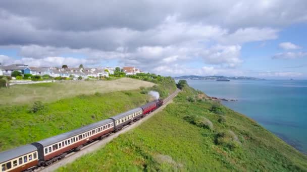 Paignton Till Dartmouth Steam Train Broadsands Beach Paignton Devon England — Stockvideo