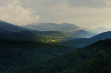 Dağlar, sis, orman ve akşam bulutlarıyla çevrili bu ıssız dağ vadisinde öğleden sonra ışığında bir tarla vurgulanır..