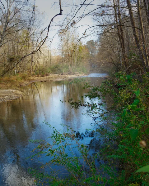 Barevná Scéna Podzim Jako Řeka Líně Teče Pestrobarevným Lesem Odrážejícím — Stock fotografie