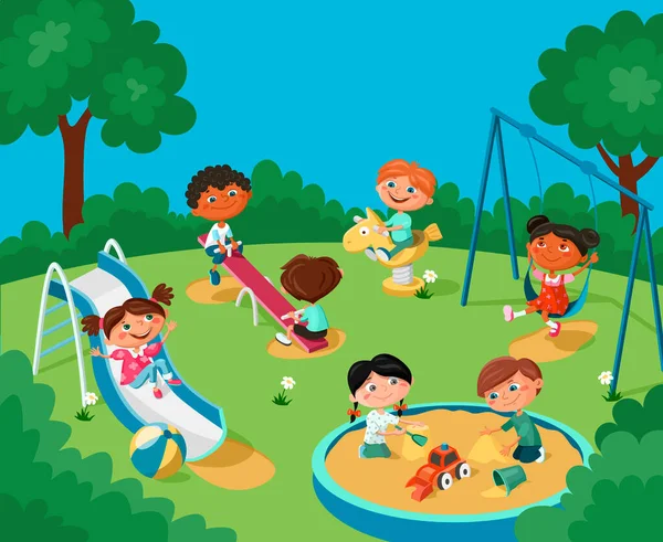 Fröhliche Kinder Vergnügen Sich Auf Dem Spielplatz Jungen Und Mädchen — Stockvektor