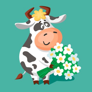 Bir buket papatya çiçeğiyle siyah beyaz benekli şirin bir inek. Çizgi film vektör illüstrasyonu