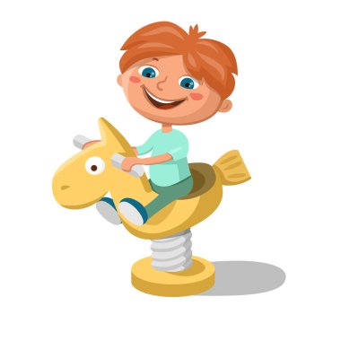 Oyun parkında bahar rockçısına binen mutlu çocuk. Çizgi film vektör çizimi beyaz arkaplanda izole edildi