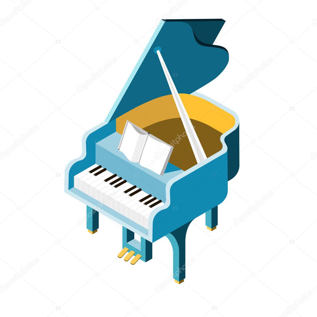 Cartoon stylized blue grand piano. Vector isometric illustration isolated on white background.