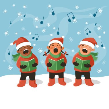 Three cute kids in Santa hats are singing Christmas carols. Cartoon vector illustration clipart