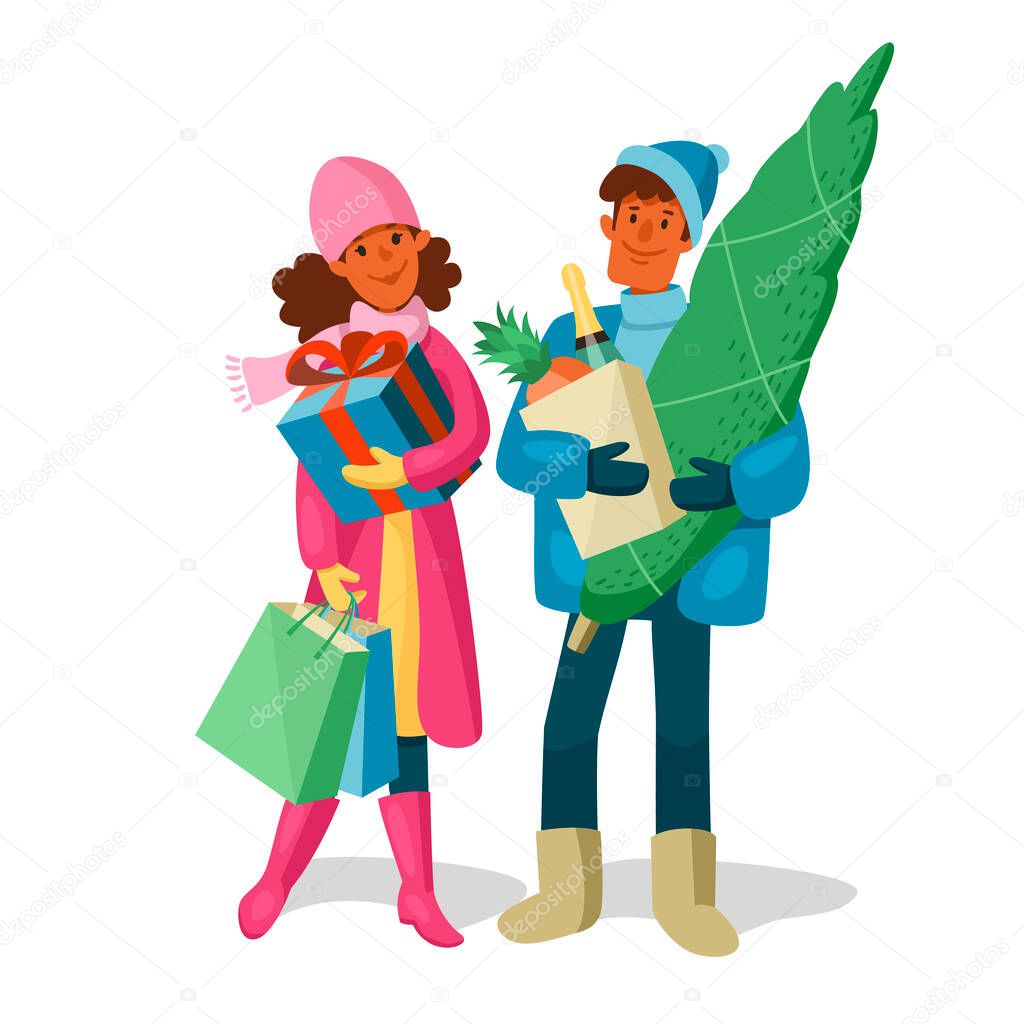 Young married couple in winter clothes go shopping for Christmas. A man with a Christmas tree and champagne and a woman with a wrapped gift and shopping bags. Cartoon vector illustration isolated on white background.