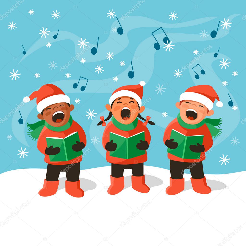 Three cute kids in Santa hats are singing Christmas carols. Cartoon vector illustration