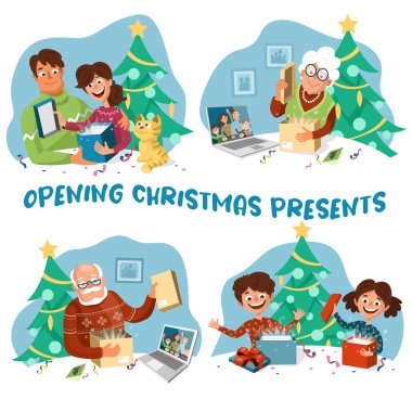 The family is unpacking Christmas presents. Grandfather and grandmother, mother and father, boy and girl are happy with New Year's gifts. Set of cartoon vector illustrations