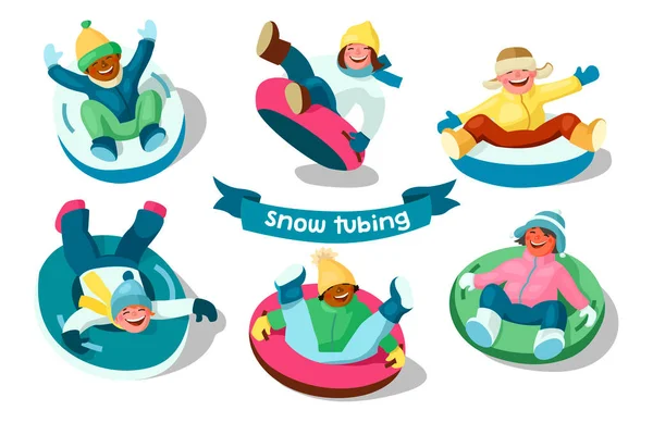 Happy Cheerful Children Winter Outerwear Sliding Snow Tubes Cartoon Vector — Stock Vector