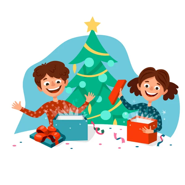 Happy Kids Boy Girl Open Excited Christmas Presents Decorated Christmas — Archivo Imágenes Vectoriales