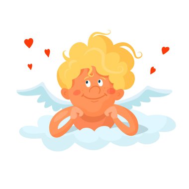 Sevimli komik aşk tanrısı bir bulutun üzerinde yatıyor. Vektör karikatür çizimi beyaz arkaplanda izole edildi